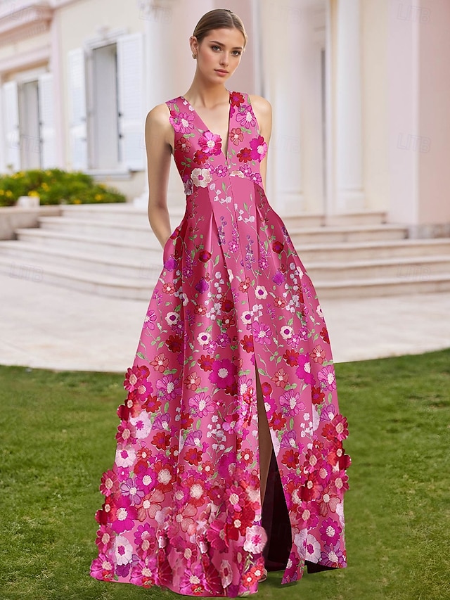 Linea ad A Abito da Sera Elegante Vestito Formale Matrimonio Lunghezza al pavimento Senza Maniche Scollo a V Raso con Ricamo Applicazioni 2025