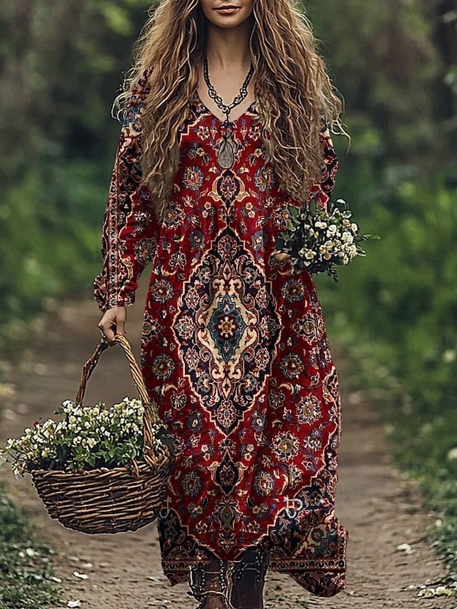  Damen Maxikleid A Linie Kleid Sommerkleid Lässig Boho Täglich Normale Passform Blumen Grafik Paisley-Muster Langarm Einkerbiger Ausschnitt Wein Blau Purpur Fuchsie Sommer