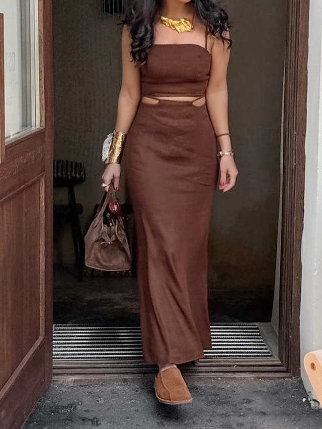  Femmes Mode Streetwear Ensembles en coton et lin Jupe Ensembles Sans manches Bretelle Uni Dos nu Fête Week-end Marron Été Coupe régulière