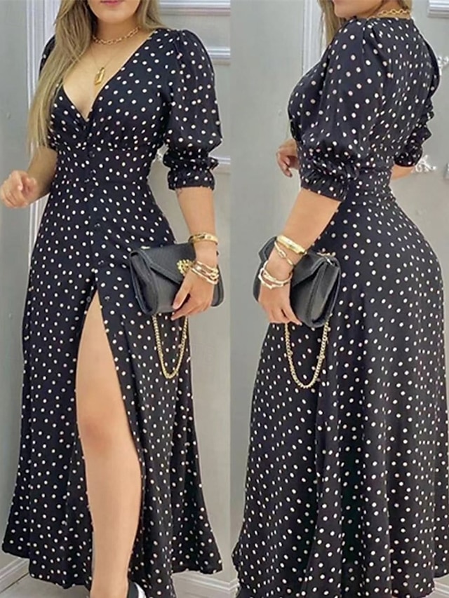  Femmes Robe Longue Maxi Robe Robe Décontractée Robe d'été Élégant Mode Extérieur Fête Date Coupe régulière À pois manche longue Col en V Noir Rouge Bleu Été Printemps
