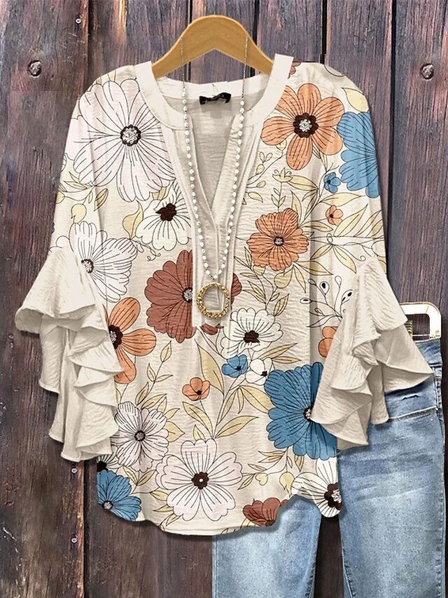 Women's Retro Blouse Layered Ruffle Sleeve Tops Vintage Floral Graphic Daily Stylish Casual 3/4 Length Sleeve Regular Tops Daily Holiday Vacation Wear Print Pink Green Beige Summer Spring4