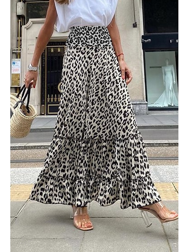  Dámské Sukně Čechy Módní Cikánský Maxi Střední vzestup Sukně Leopard Tisk Lehce elastické ulice Běžné / Denní Černá Léto Polyester