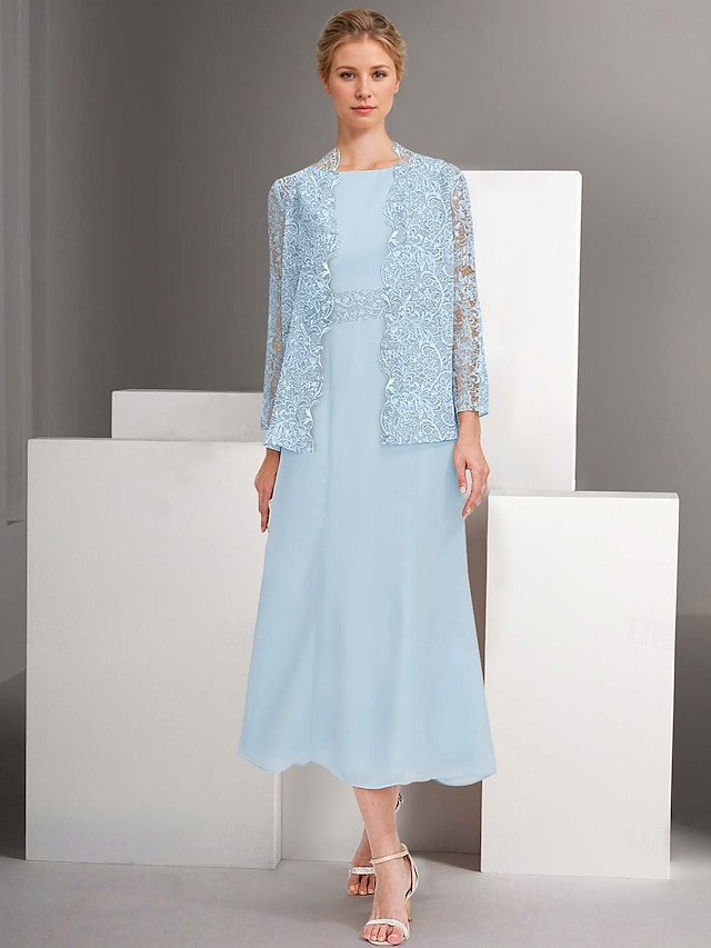  Blue Pink Two Piece A-Line Dress Sets Mother of the Bride Dress Elegant Crew Neck Ankle Length Chiffon Long Sleeve Jacket Dresses with Lace Embroidery 2025