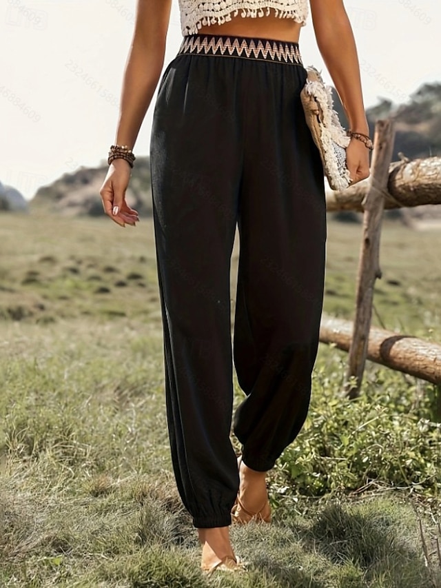  Pentru femei Pantaloni Casual Boho Lungime totală Natural Floare Peteci Talie elastică Exterior Comfortabil Stradă Ieșire Negru Vară Fit regulat