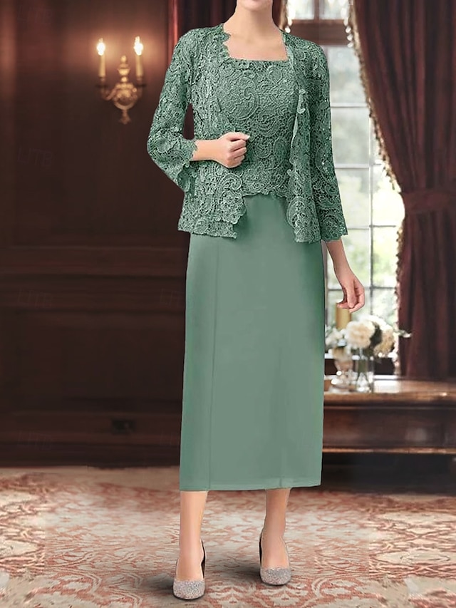  Set di Abiti Madre della Sposa Abito da Ospite Matrimonio Elegante Semplice Collo Ampio Lunghezza Totale Poliestere Manica Lunga con Colore Solido