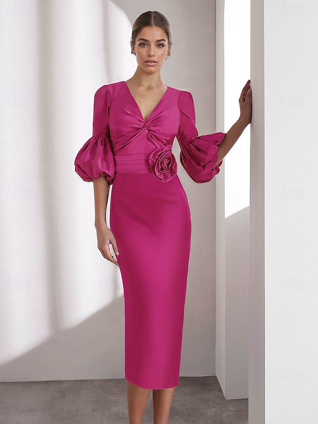  Rochii cocktail din satin roz elegante formale lungime până la gleznă mânecă jumătate decolteu în V cu buzunar satin din Italia cu paiete volanate