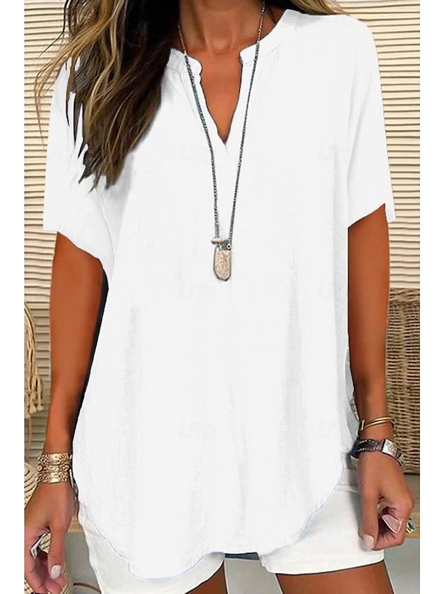  Per donna Camicia Blusa Camicie di cotone e lino Semplice Essenziale Casual Manica Corta Scollo a V Top Regolari Quotidiano Ferie Orlo asimmetrico Nero Bianco Blu Viola Estate