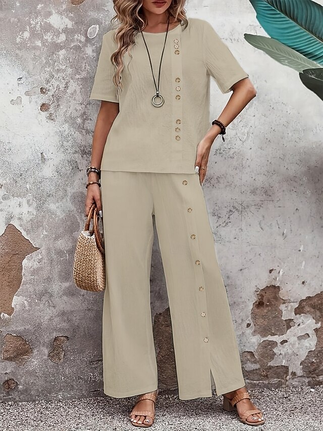 Women's Fashion Streetwear Daily T Shirt Wide Leg Pants Half Sleeve Crew Neck Plain Casual Daily Khaki Spring &  Fall Regular Fit4