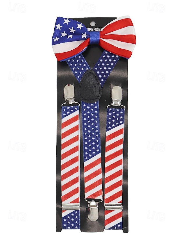  Men's American Flag Suspenders and Bow Tie Set – Patriotic Adjustable Y-Back Braces with Clips, Stars and Stripes Design, Independence Day 4th of July Outfit Accessory