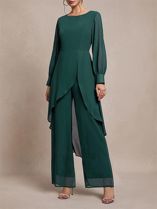  Hosenanzug Brautmutterkleid Elegant Rundhalsausschnitt Asymmetrisch Chiffon Langarm mit Einfarbig 2025
