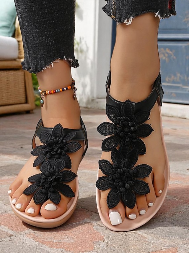  weiße, flache Sandalen mit Blumenmuster für Damen – Spitzenblumendesign mit elastischem Riemen an der Rückseite für Sommerhochzeiten am Strand und lässige Tagesoutfits