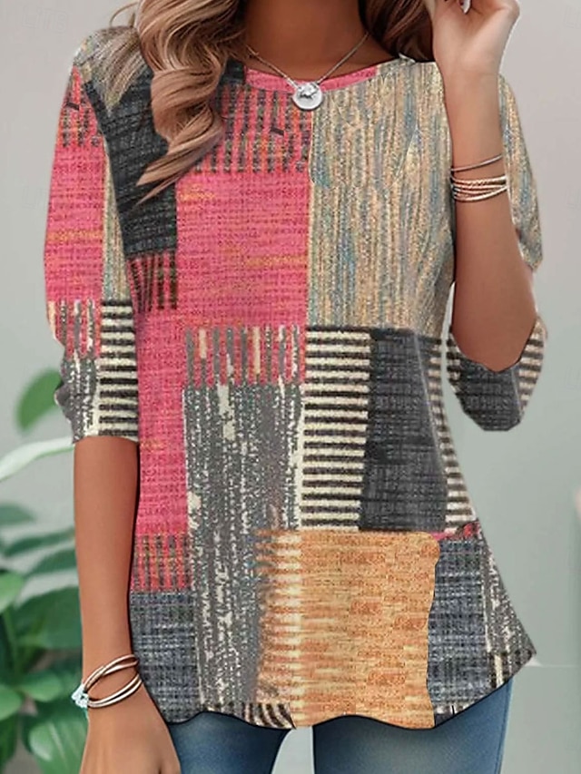  Pentru femei Tricou Grafic Geometric Plisat Casual Manșon Lung Stil Nautic Rotund Topuri obișnuite Zilnic Imprimeu Roz Îmbujorat Mov Trifoi Primăvară Toamnă