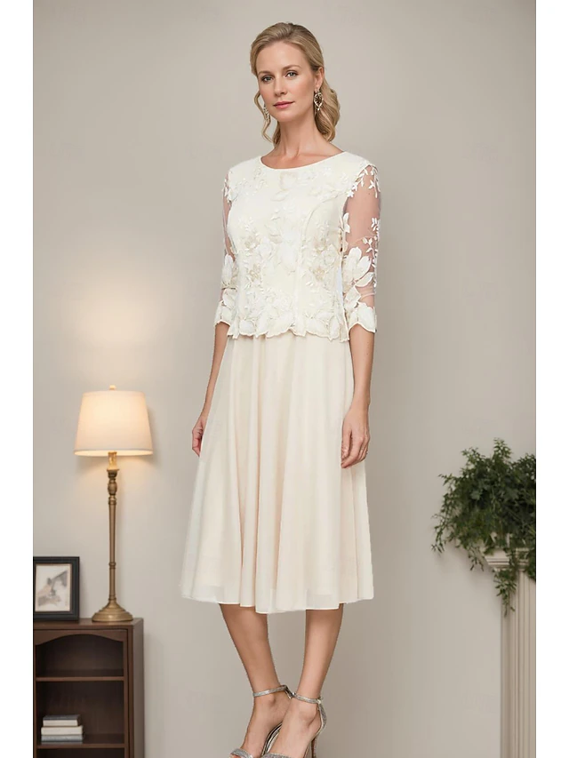 A-Line Mother of the Bride Dress Elegant Simple Minimalist Crew Neck Tea Length Chiffon Lace Half Sleeve with Floral Lace Appliques4