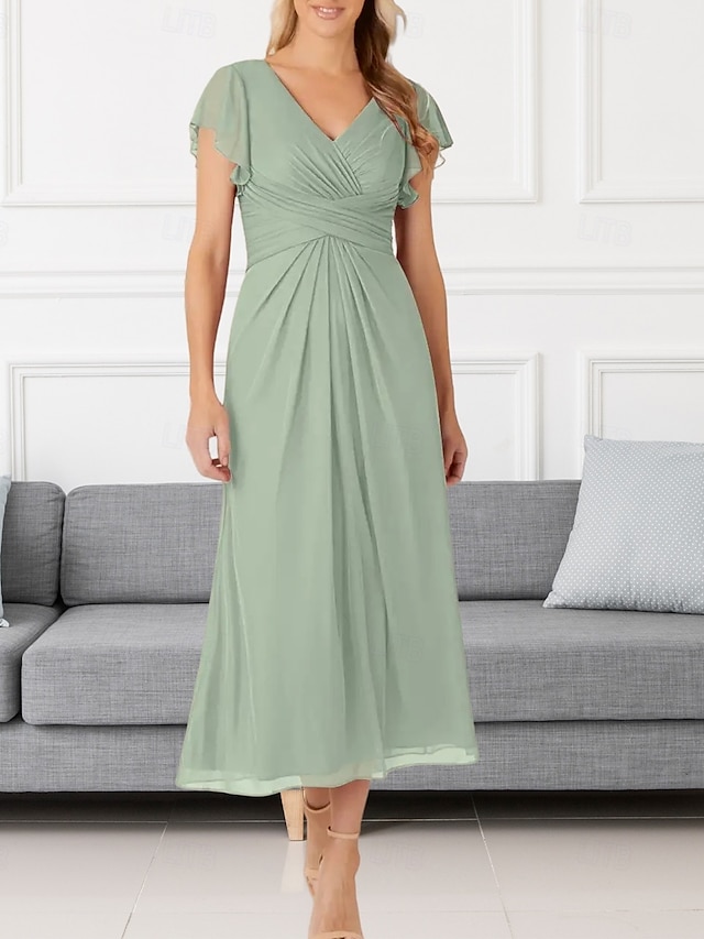 A-Line Wedding Guest Dresses Elegant Dress Wedding Guest Engagement Tea Length Short Sleeve V Neck Chiffon with Pleats Ruched