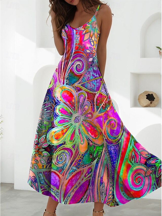  Damen Maxikleid A Linie Kleid Unterkleid Urlaub Lässig Boho Party Ausgehen Normale Passform Blumen Grafik Ärmellos V Ausschnitt Blau Purpur Braun Beige Sommer Frühling
