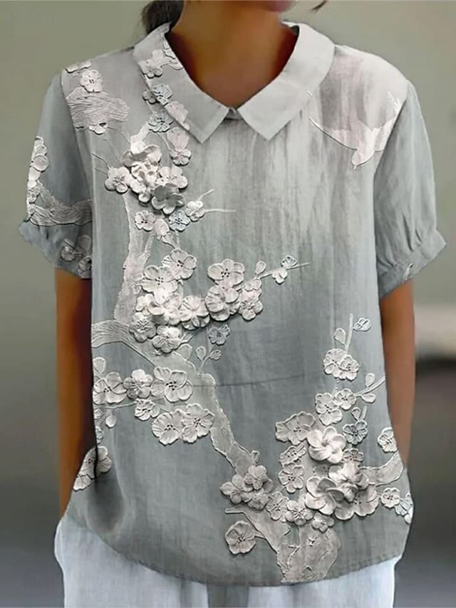 Women's Shirt Floral Stylish Modern Short Sleeve Shirt Collar Regular Tops Daily Holiday Print White Blue Gray Summer4