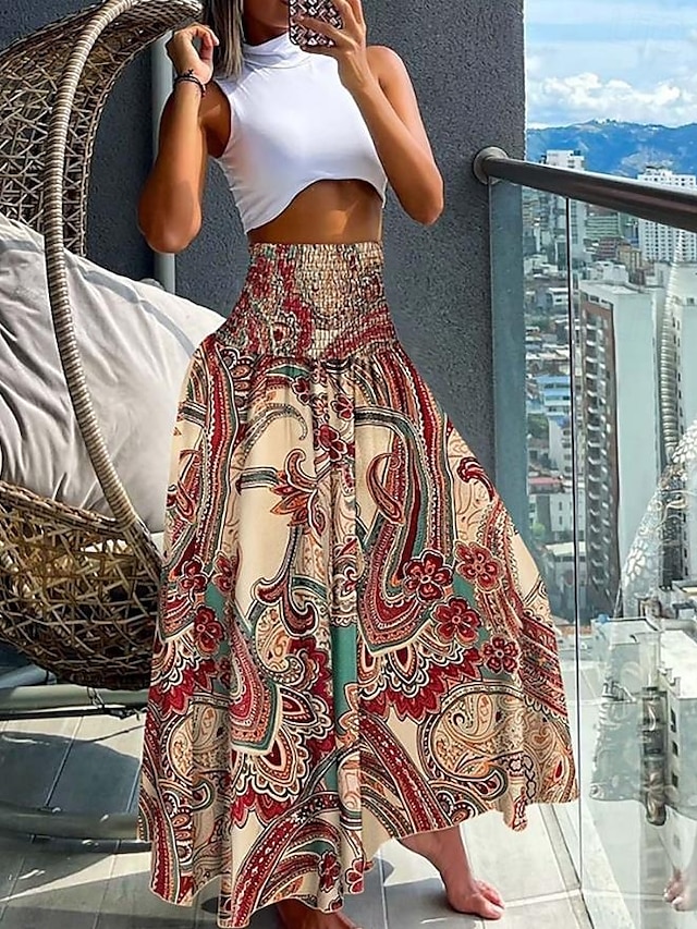  Dames Rok Maxi Rok Bohemia Mode Strandkleding Casual Midi Hoge Taille Rokken Bloemen Paisley Micro-elastisch Vakantie Straat Grijs Groen Zwart Geel Lichtgroen Zomer Polyester