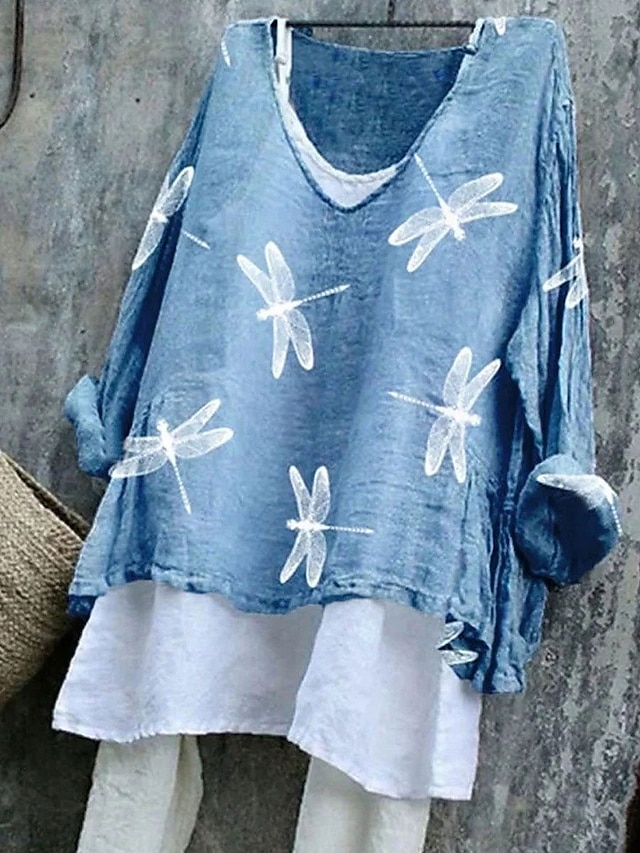  Dame Bluse Grafisk Dragonfly Stilfull Fritid 3/4 ermer V-hals Vanlige topper Daglig Rosa Blå Lilla Grønn Sommer Vår