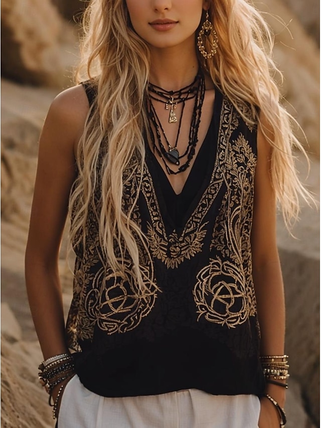  Women's Camisole Tank Top Graphic Leopard Bohemia Daily Ethnic Sleeveless V Neck Regular Tops Daily Black Summer Spring