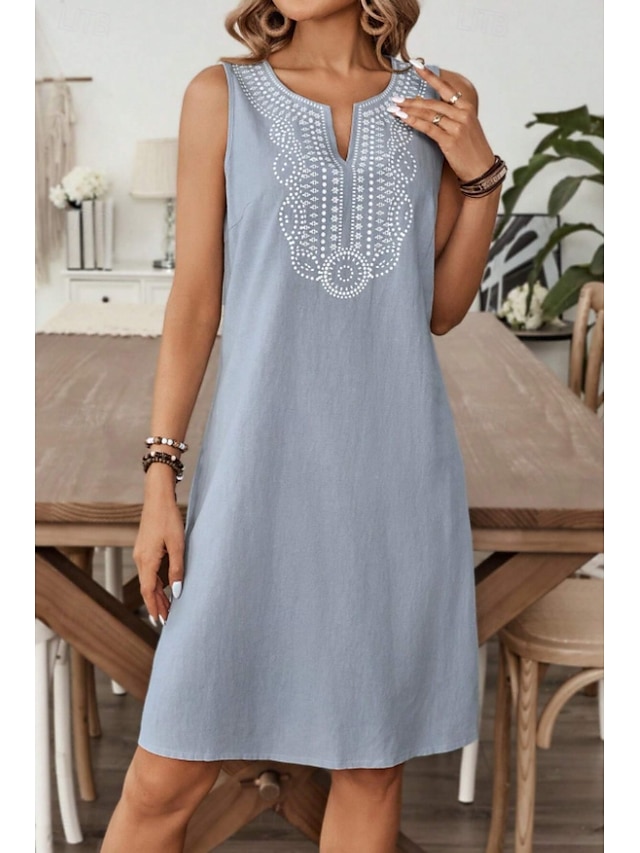  Femmes Mini Robe Robe en coton et lin Mode Moderne Fête Sortir Week-end Coupe régulière Fleur Sans manches Col en V Gris Clair Été