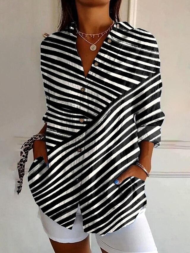 Women's Shirt Button Down Tunic Shirt Collar Long Sleeve Graphic Geometric Striped Vintage Tropical Daily Regular Tops Work Daily s Print Black Spring4