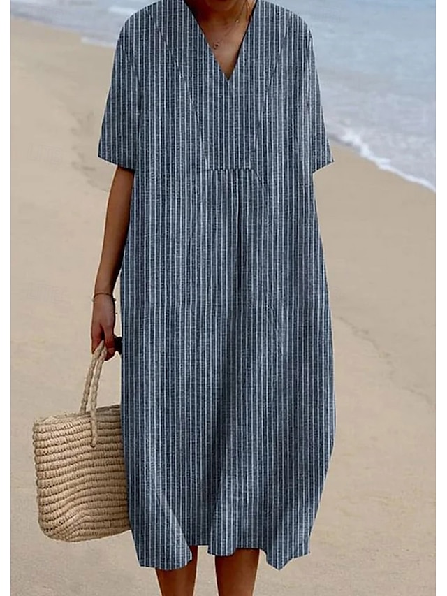  Per donna Abito Midi Vestito Estivo Abito a trapezio Vacanza Casual Spiaggia Feste Uscire Spiaggia Vestibilità comoda Grafico Geometrico A righe Mezza Manica Scollo a V Giallo Blu Grigio scuro Estate