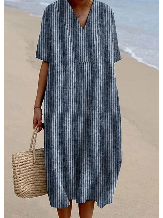 Women's Midi Dress Sundress A Line Dress Vacation Casual Beach Party Going out Beach Loose Fit Graphic Geometric Stripe Half Sleeve V Neck Yellow Blue Dark Gray Summer Spring4