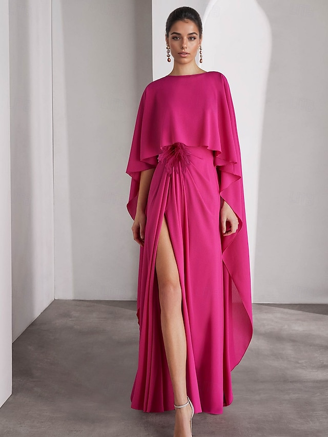  Vestido de noite elegante, cor-de-rosa e azul, com corte A, comprimento até o chão, manga curta, gola redonda, chiffon com xale de penas, 2025