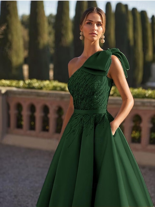  A-Linie Abendkleid Elegantes Kleid Formal Hochzeit Bodenlang Ärmelos Ein-Schulter Satin mit Glitzer Schleife(n) Perlen