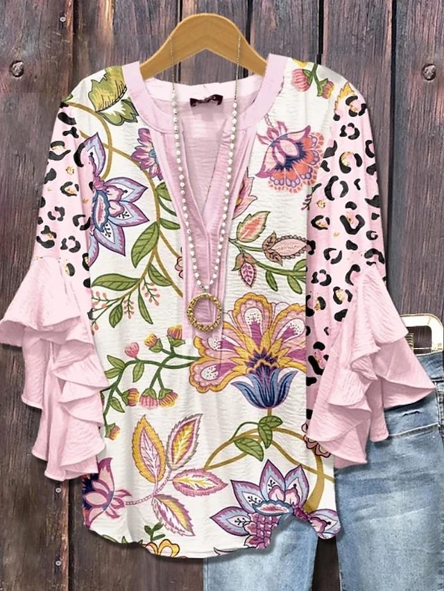  Damenbluse Geschichtete Rüschenschlupfärmel Tops Floral Grafik Paisley Bohemia Vintage Täglich 3/4 Lange Ärmel V-Ausschnitt Reguläre Tops Täglich Urlaub Ferien Kleidung Print Schwarz Pink Lila
