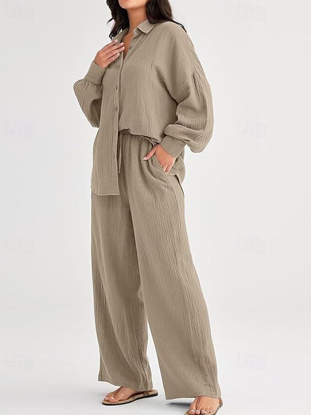  Femmes Actif Mode Chemises en coton et lin Ensembles en coton et lin Chemisier manche longue Col de chemise Couleur Unie Dubbele Rij Knopen Fête Décontracté Quotidien Noir Ivoire Vin Été Coupe