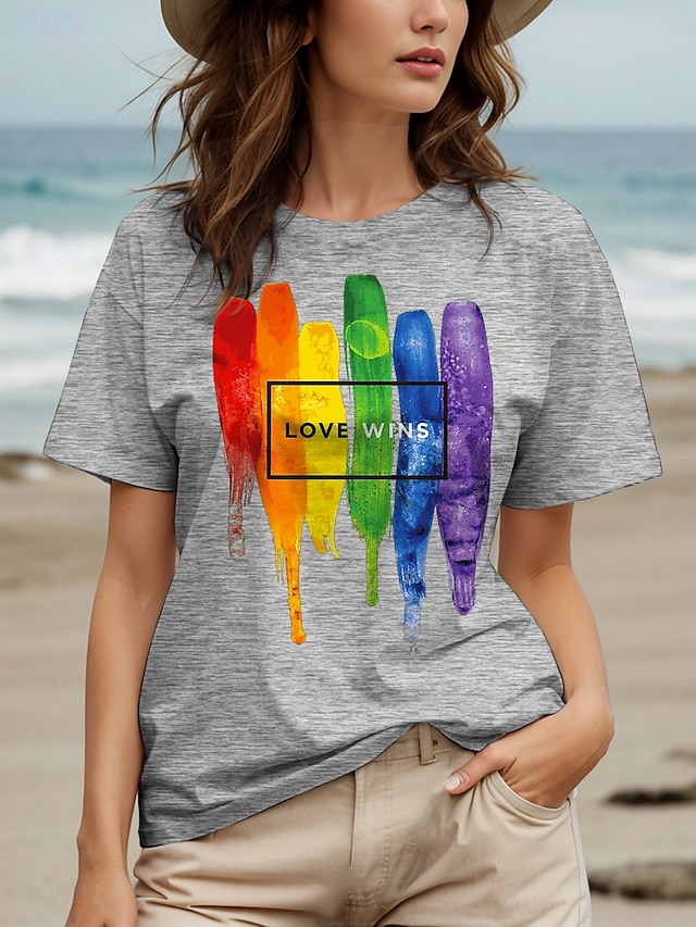  T-shirt femme en coton, motif arc-en-ciel, vintage, élégant, classique, manches courtes, col rond, imprimé quotidien, noir, blanc, gris, été, printemps