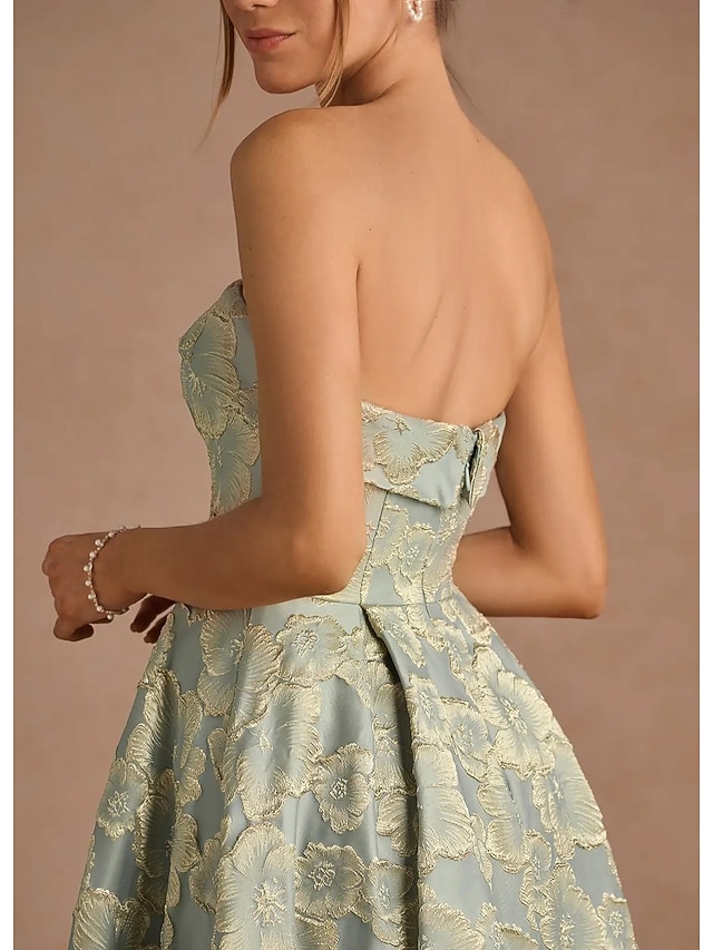 A-Line/Princess One-Shoulder Jacquard Cocktail Dresses Tea-Length Sleeveless Floral Formal Dresses