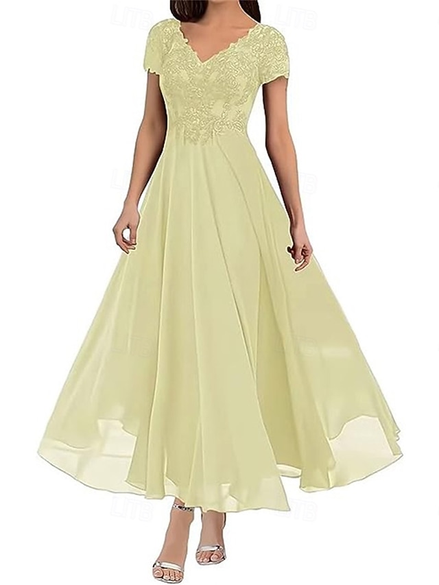  Ａライン フロア丈 パーティードレス 二次会ドレス / カクテルドレス 半袖 Ｖネック エレガント 結婚式のゲスト ポリエステル マダムドS 〜と ソリッドカラー