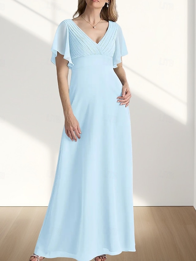  A-Linie Brautmutterkleid Hochzeitsgast Elegant Süß V Ausschnitt Bodenlang Chiffon Kurzarm mit Raffung 2025