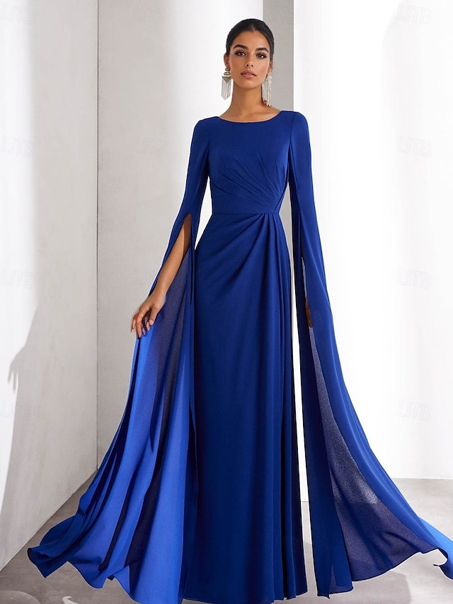  Chiffon A-Linie Abendkleid Elegantes Kleid Formelles Hochzeitsgast bodenlanges langärmliges Boot-Ausschnitt mit Rüschchen