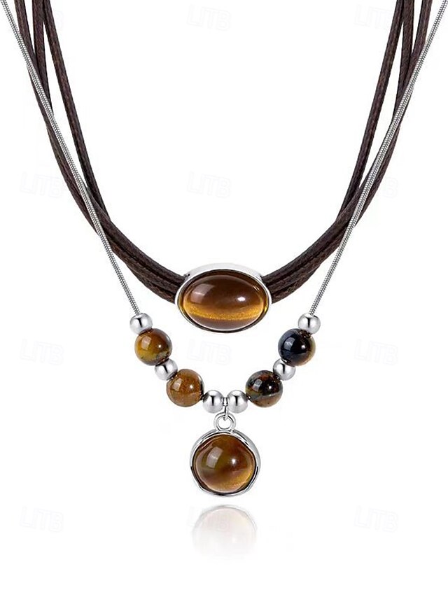  Ensemble de colliers et pendentifs en pierre œil de tigre double couche de style bohème pour femmes, matériau en pierre naturelle, adapté aux tenues décontractées, quotidiennes et de fête