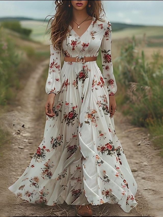  Dame Lang kjole Maxikjole Boho-kjole Western kjole Mote Moderne utendørs Feriereise Ut på byen Normal Blomsternål i krystall Langermet V-hals Elfenben Sommer