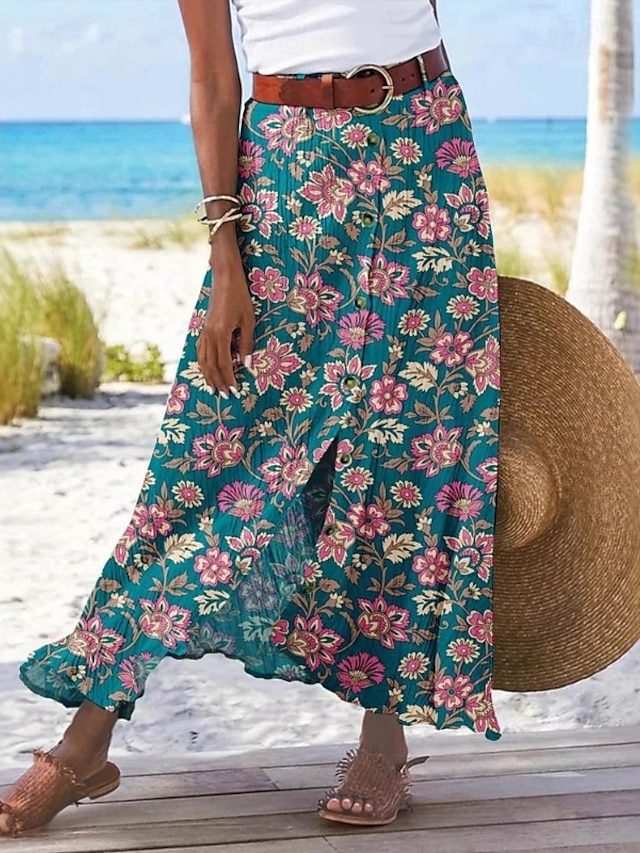  Femmes Jupe Occasionnel Boho Maxi Taille Basse Jupes Fleuri Imprimé Fendu Micro-Élastique Vacances Rue Vert foncé Été Polyester
