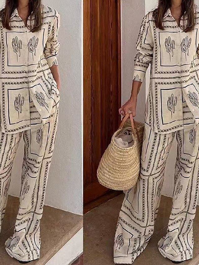  Femmes Mode Streetwear Chemises en coton et lin Ensembles en coton et lin Ensembles de Pantalons Manche Courte Col de chemise Géométrique Imprimé Tenue quotidienne Date Beige Été Coupe régulière