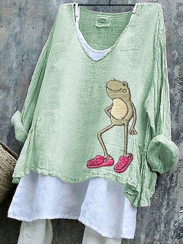 Women's Blouse Graphic Frog Animal Stylish Casual 3/4 Length Sleeve V Neck Regular Tops Daily White Green Beige Summer Spring4