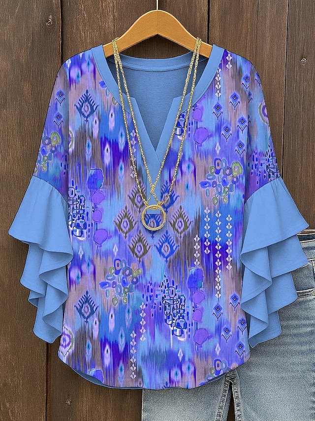  Damen Retro Bluse Geschichtet Rüschenschlitz Ärmel Oberteile Vintage Grafik Geometrisch Bohemia Vintage Täglich 3/4 Länge Ärmel Reguläre Oberteile Tägliche Urlaubs Urlaubskleidung Druck Gelb Pink