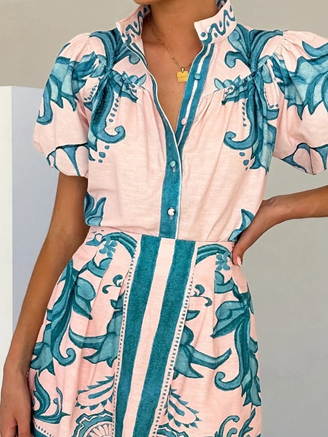 Femmes Mini Robe Robes en coton et lin Robe Décontractée Mode Extérieur Soirée Fête Coupe régulière Peinture Manche Courte Col en V Rouge Bleu Vert Été