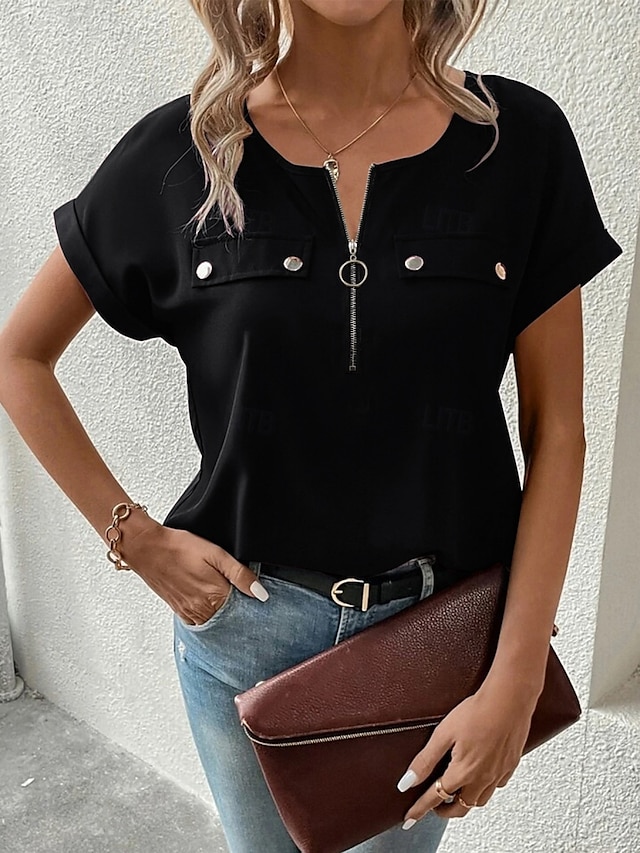  Koszulka damska T-shirt jednolity kolor gładka modna nowoczesna casual krótki rękaw okrągły dekolt regularne bluzki codzienne weekendowe zamek guziki czarny wino niebieski fioletowy lato