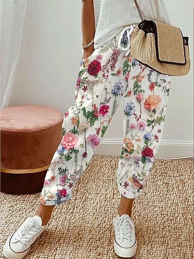 Women's Culottes Wide Leg Elegant Vacation Vintage Full Length High Waist Floral Graphic Printing Soft Breathable Micro-elastic Outdoor Daily Daily Wear rice white Summer Spring Regular Fit4