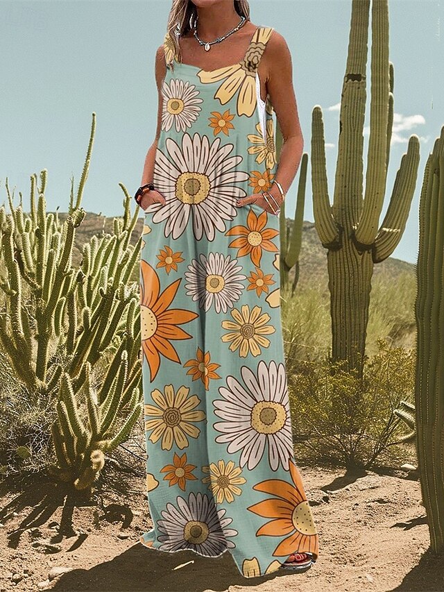 Women's Normal Jumpsuit Dungarees Casual Floral Sleeveless Wide Leg Pocket Street Daily Regular Fit Light Blue Summer4