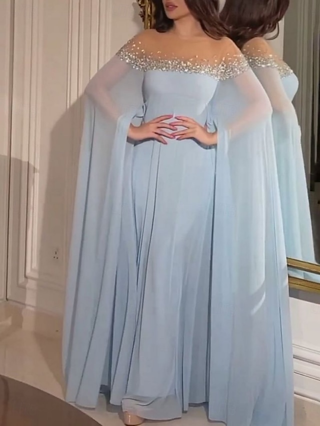  Damen Maxikleid A Linie Kleid Schulterfreies Kleid Elegant Party Cocktail Party Hochzeitsgast Date Normale Passform Einfarbig Langarm Rundhalsausschnitt Schulterfrei Rosa Blau Sommer