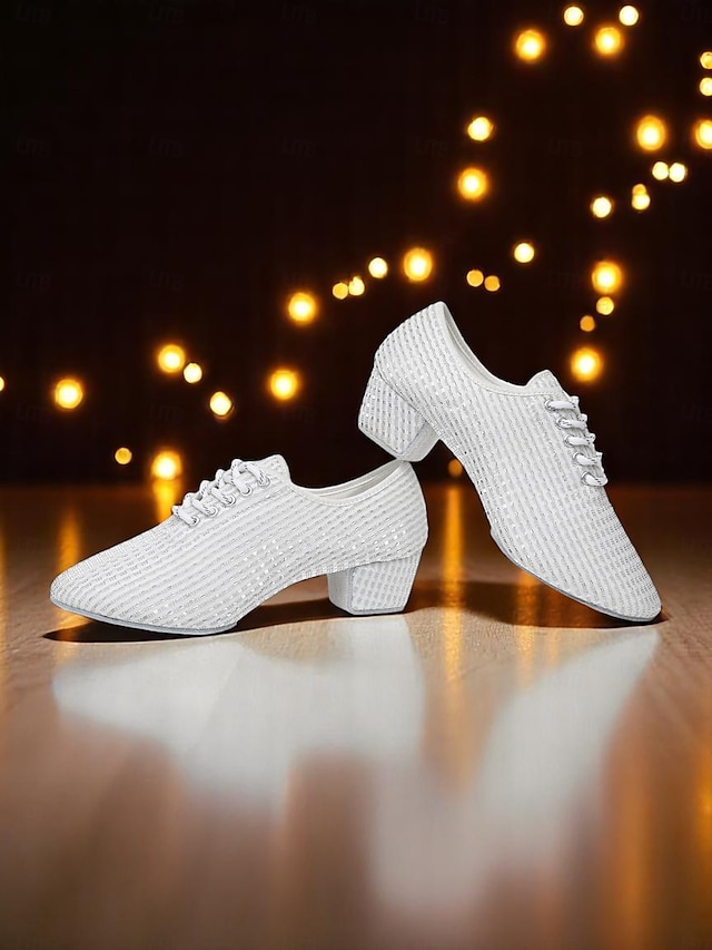  Weiße Mesh-Latein-Tanzschuhe für Damen mit niedrigem, klobigem Absatz und funkelnden Strasssteinen – atmungsaktives, professionelles Standardschuhwerk für Künstler und Wettbewerbe