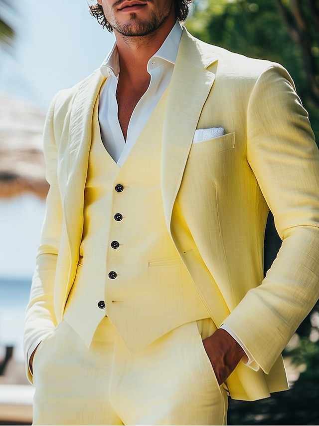  Costumes de mariage décontractés en lin pour hommes, couleur jonquille, jaune d'été, mode formelle, couleur unie, coupe standard, 3 pièces, simple boutonnage, un bouton