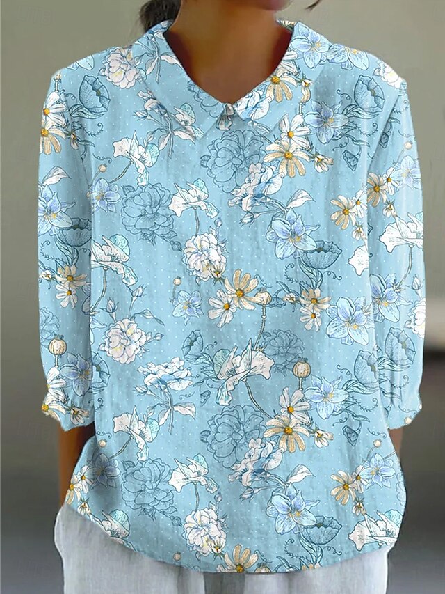 Women's Blouse Long Sleeve Peter Pan Collar Casual Floral Graphic Daily Stylish Collar Regular Tops Daily Buttons Print Blue Dusty Blue Beige Summer Spring4
